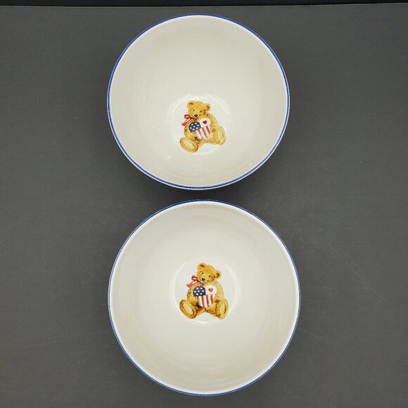 Retroneu Land That I Love Soup Cereal Bowls Patriotic Teddy Bear Pedestal Bowls - Picture 6 of 8
